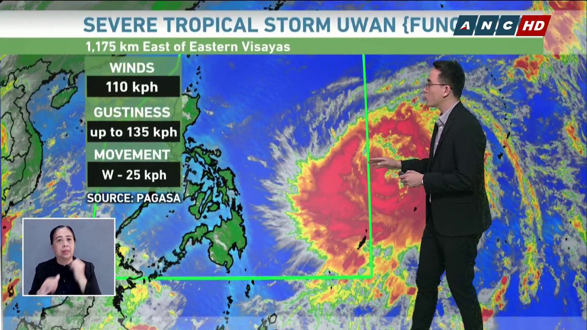 Update on #UwanPH Lalakas ng hanggang super typhoon ang bagyo ngayong weekend. Sabado ng gabi o Linggo ng madaling-araw posibleng magsimula ang paghagupit ng bagyo sa Samar at Bicol at sa Northern at Central Luzon mula Linggo ng hapon.