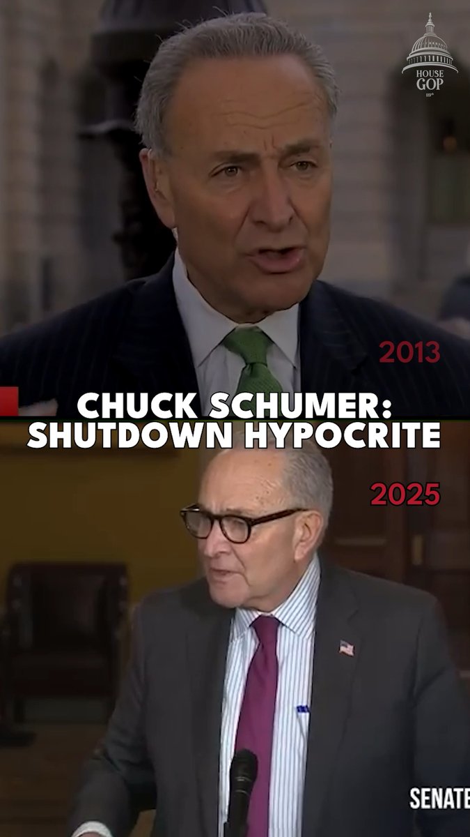 HYPOCRITE ALERT: Chuck Schumer then vs. now... 🔹2013 Schumer: Persuading my caucus to shut the government down, unless I get my way, is “a politics of idiocy" 🔹2025 Schumer, who did exactly that: Democrats are not to blame!
