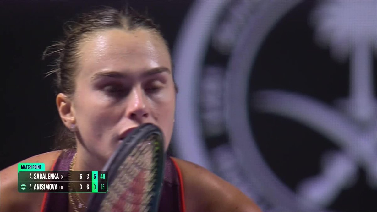Aryna Sabalenka’s reaction after beating Anisimova to reach the final of the WTA Finals in Riyadh. Deep breath after a truly incredible battle. Great hug between them. ❤️