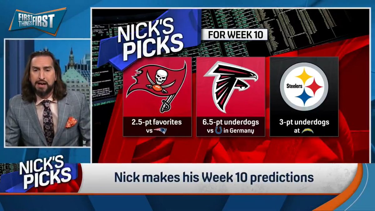 .nick wright is looking for a 3-0 week to reach .500, so this will be a perfect Week 10 for #NicksPicks 💰 Bucs (-2.5) Falcons (+6.5) Steelers (+3)