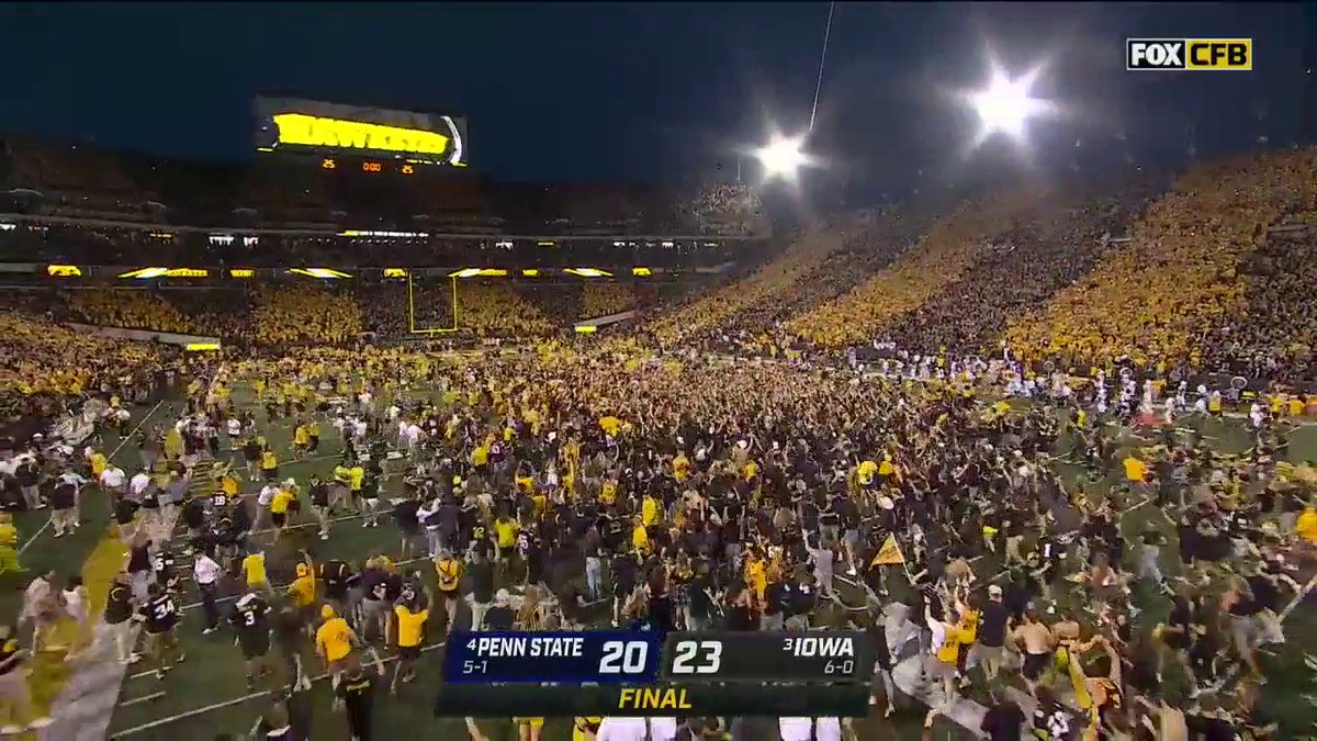 I’ll be in Kinnick tomorrow for my 4th opportunity to rush the field So far I’ve been to: 2016 Michigan W 2017 Penn State L 2017 Ohio State W 2021 Penn State W Feels like Iowa is due for a big upset in Kinnick 🤞🏽