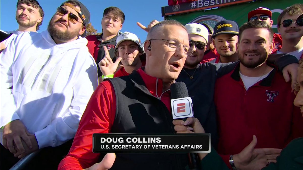 U.S. Secretary of Veteran Affairs Doug Collins and over 50 members of the over 600 Texas Tech veteran students joined jess sims on the set 👏