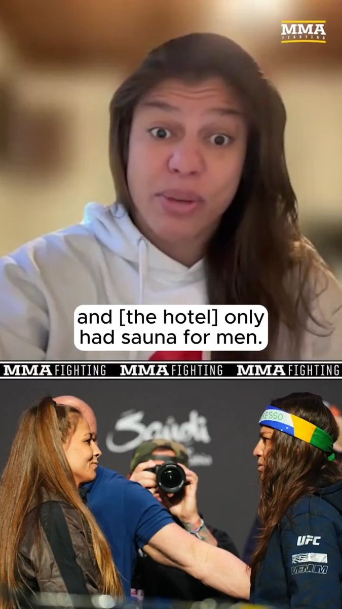 #UFCVegas111's Mayra Bueno Silva explains why she dressed as a man to make weight for UFC Saudi Arabia: "Women can’t enter the same sauna as men in Saudi Arabia. … Flavio and Pablo had the brilliant idea to dress me up like a man and sneak me into the sauna." (🎥 Guilherme Cruz)