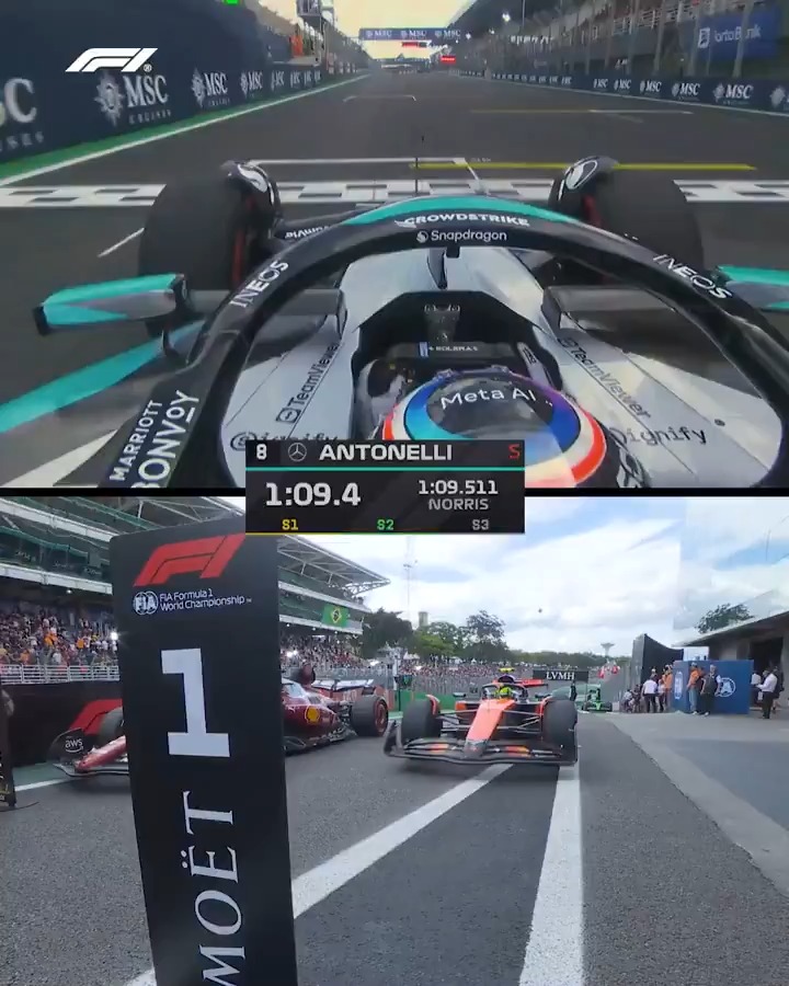 Lando pulling up to the P1 board moments before Kimi crosses the line That's confidence for you! #F1 #BrazilGP