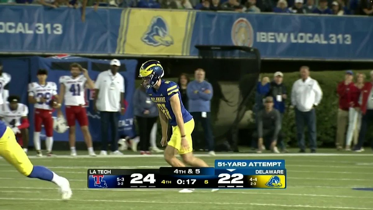 A 51-YARDER FROM Nate Reed to give Delaware the one-point lead!!!! What a ballgame. 🖥️ ESPN+ Delaware Football | #NoLimitsOnUs
