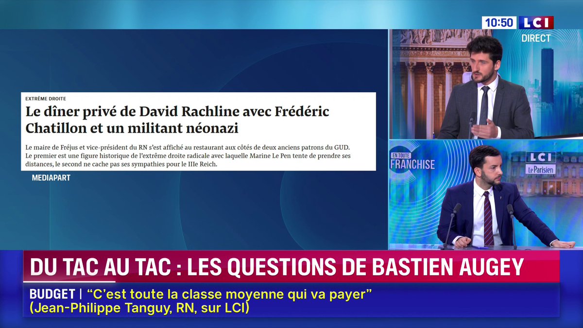 Enquête de Mediapart sur un dîner entre David Rachline et un militant néonazi : "Je n'ai pas d'information à ce sujet. J'ai beaucoup de circonspection sur les enquêtes de ce journal (...) J'ai confiance dans mes amis", réagit Jean-Philippe Tanguy Ⓜ️ sur LCI ▶️ Elizabeth Martichoux et Bastien Augey
