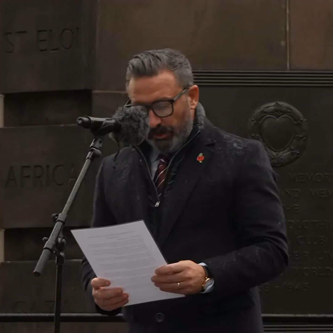 “We remember those players and supporters who answered the call.” Hearts head coach Derek McInnes gives a Remembrance Day reading at a memorial in Edinburgh.