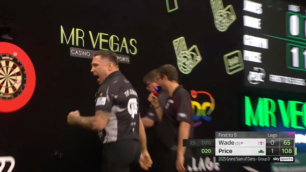 PRICE ON THE FRONT FOOT! Gerwyn Price roars after hitting a 108 checkout to break James Wade's throw and take an early 2-0 lead! ๐บ #GSOD | Group D