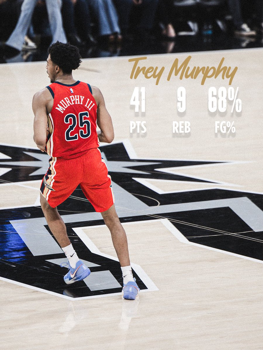 Trey Murphy III with an ethical 40-ball last night: 41 PTS (15/22 FG) 9 REB 5 3PM 83.2% TS