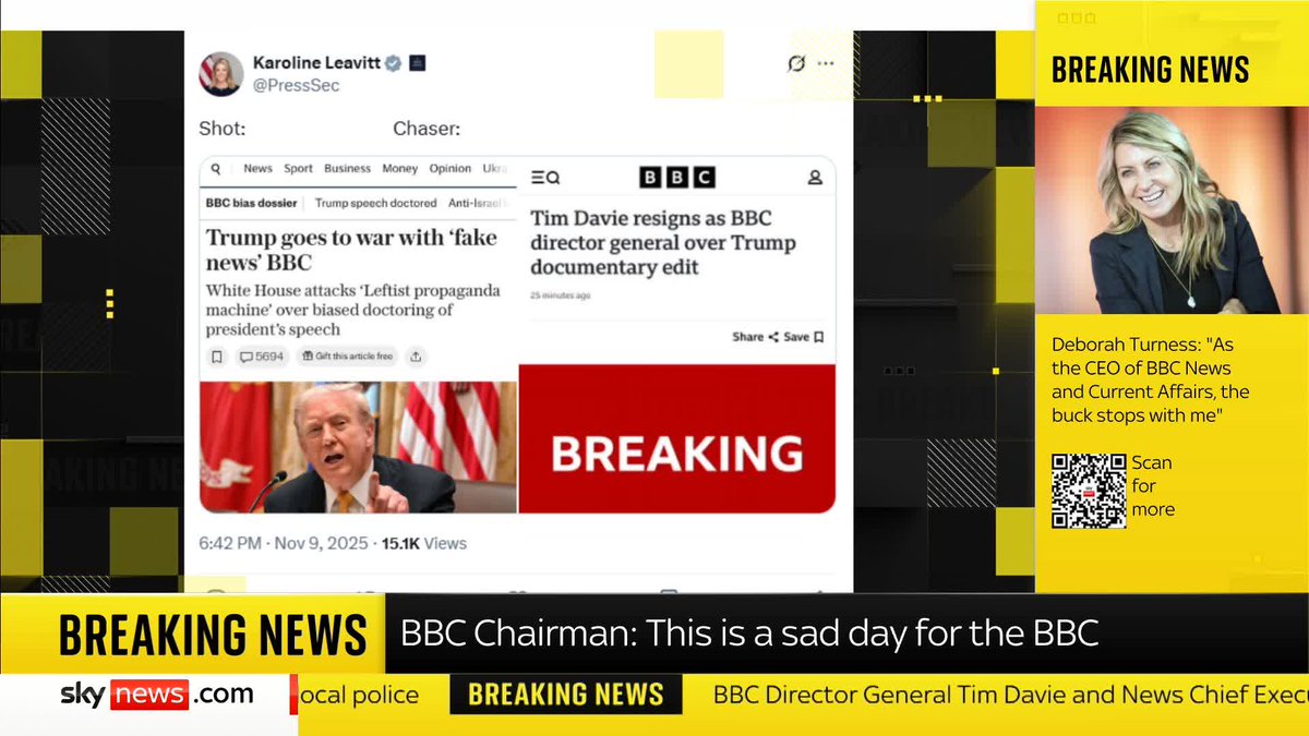 Following Tim Davie's resignation, Donald Trump's press secretary has shared a screengrab of an article about the US president going "to war" with the BBC over an edit of one of his speeches. Mark Stone reports ⬇️ Live 🔗 📺 Sky 501 and YouTube