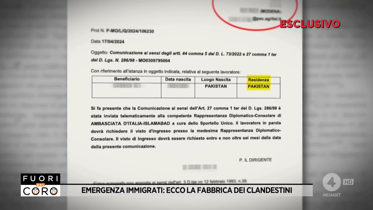 Migliaia di clandestini entrano in Italia comprando finti permessi di lavoro ma pii non vengono qui per lavorare. Molti pagano per comprare il nulla osta e noi ve ne mostriamo uno comprato da un immigrato del Pakistan presso un'azienda modenese. Marianna Canè #Fuoridalcoro