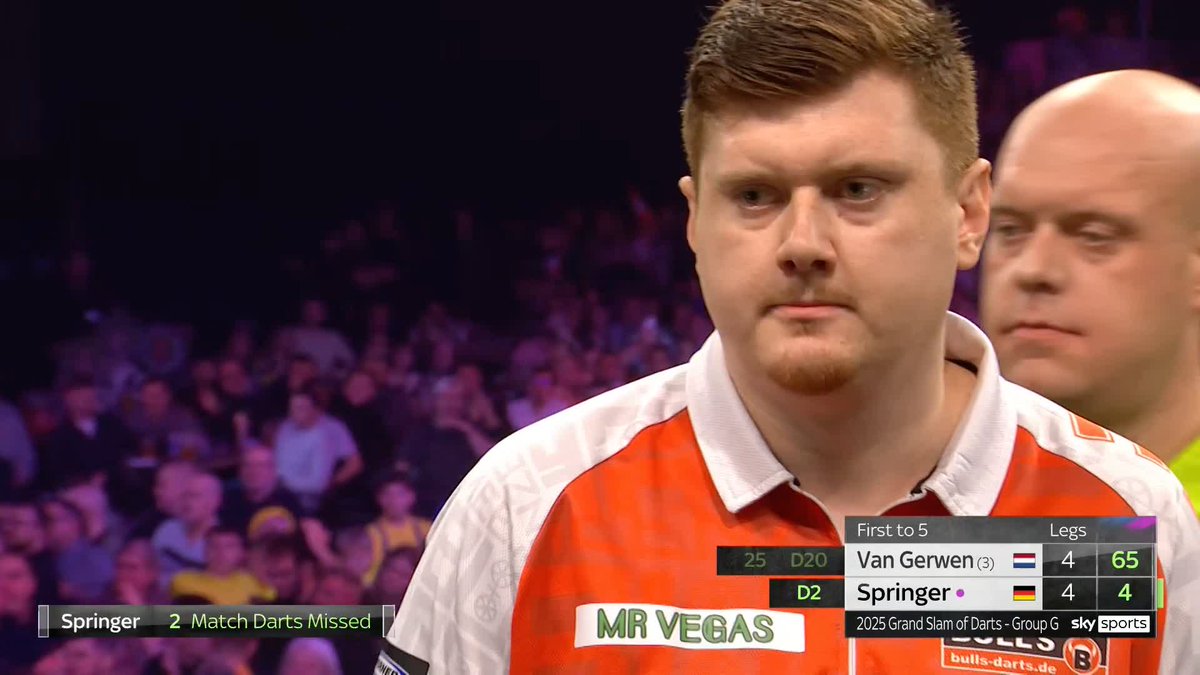 SPRINGER DEFEATS MVG! Niko Springer beats Michael van Gerwen 5-4, securing his spot in the knockout stage on his debut at the Grand Slam! The result means Beau Greaves is eliminated! 📺 #GSOD | Group G