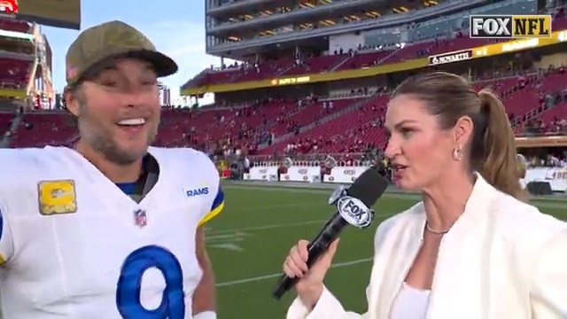 “I got hit on that one pretty good, so I was getting up. Just trying to dust it off, I think.” Erin Andrews caught up with Matthew Stafford after his historic day and the Los Angeles Rams win over the 49ers