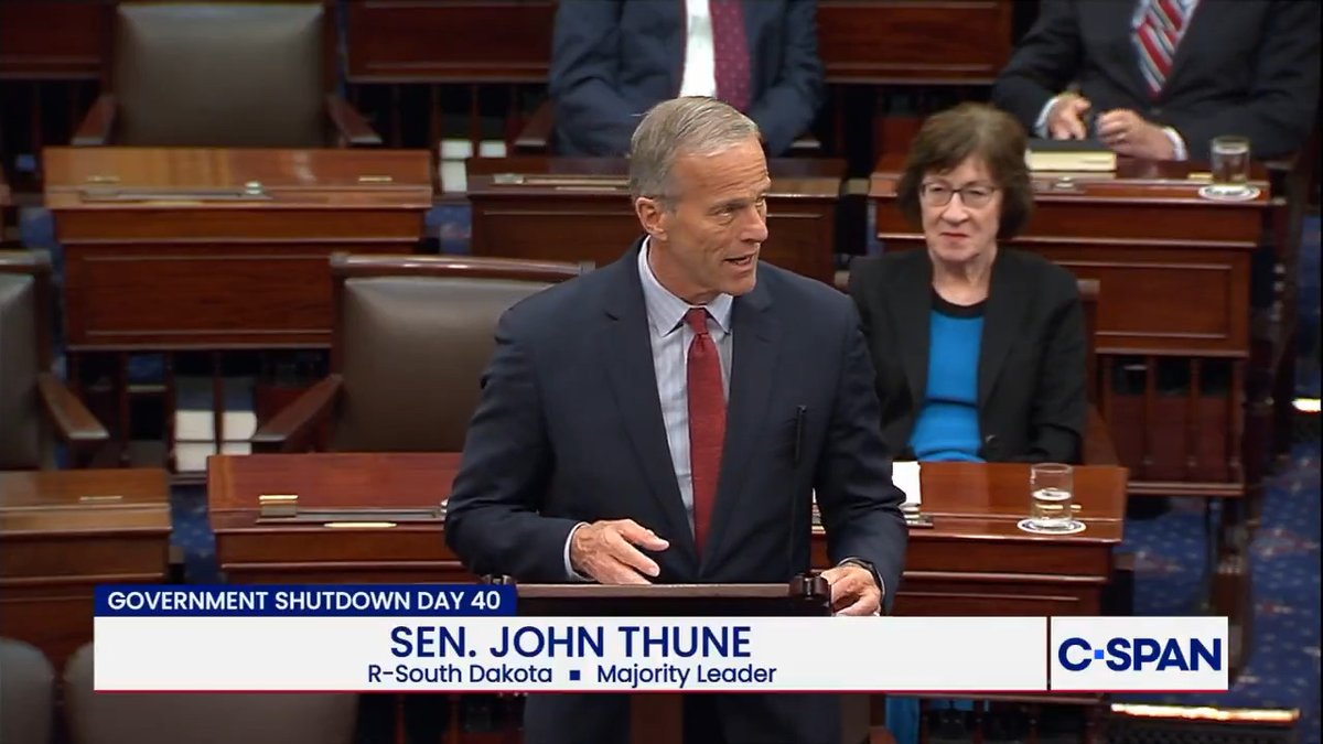 .Leader John Thune: "After 40 long days, I'm hopeful we can finally bring the shutdown to an end...regardless as I have said for weeks to my Democrat friends, I will schedule a vote on their proposal & I've committed to having that vote no later than the second week of December."