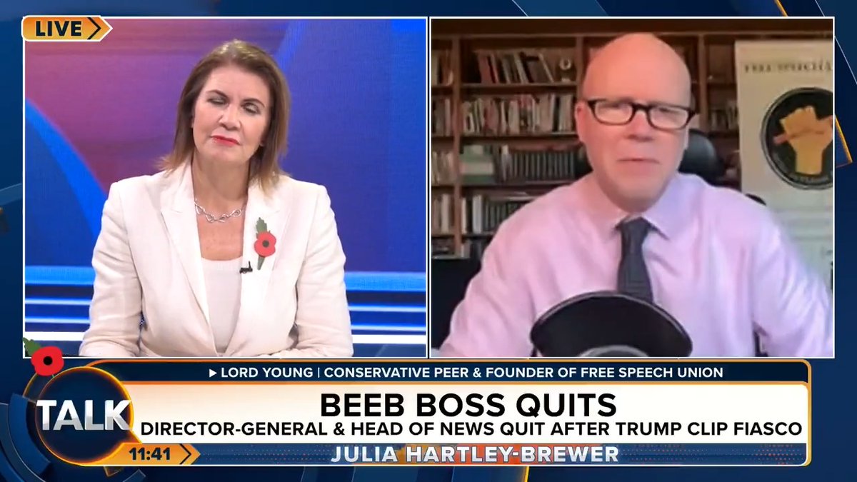 "They clearly don't accept there is a problem of political bias at the heart of the BBC's news coverage." Free Speech Union's Lord Young welcomes the "good news" about BBC bosses Tim Davie and Deborah Turness resigning. Julia Hartley-Brewer