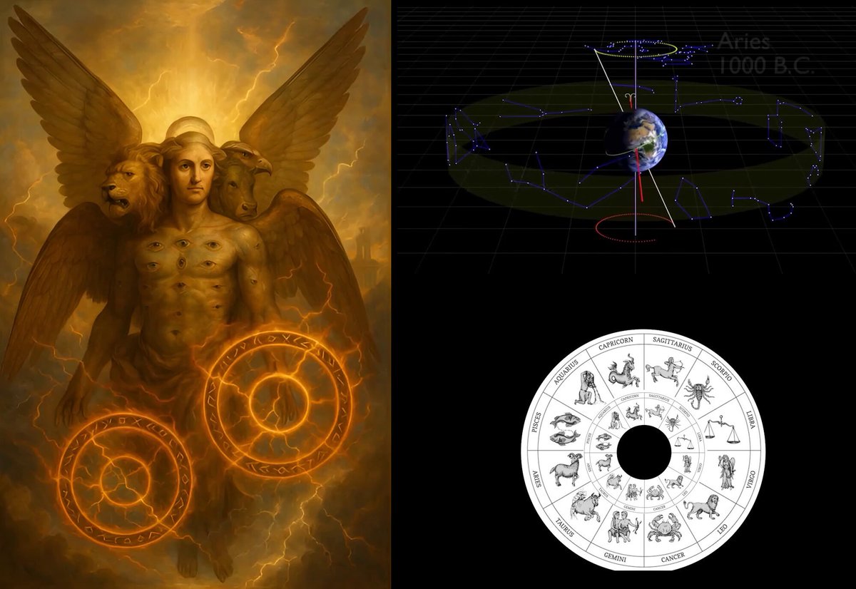Ezekiel saw the Cherubim as a combination of four living creatures, representing the four seasons in the Great Year. Each of the four creatures is associated with a different age from the Zodiac constellations. The “wheel within the wheel” that moves together with the Cherubim represents the passage of time and the movement of the Zodiac constellations, the months, the axial precession, and the movement of the seven celestial bodies. The soul reaches the throne of God when it completes its journey through the twelve Aeons, just like Heracles, Gilgamesh, and others.