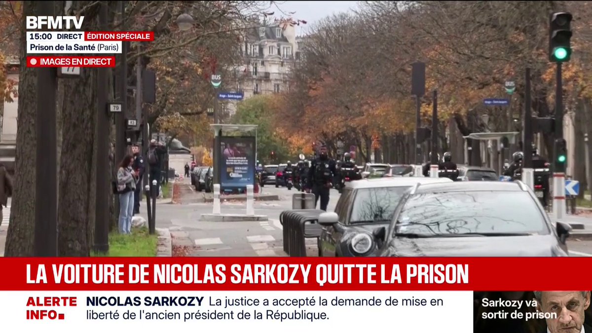 🚨🇫🇷 EN IMAGES | Nicolas Sarkozy QUITTE la prison de la Santé vers son domicile.