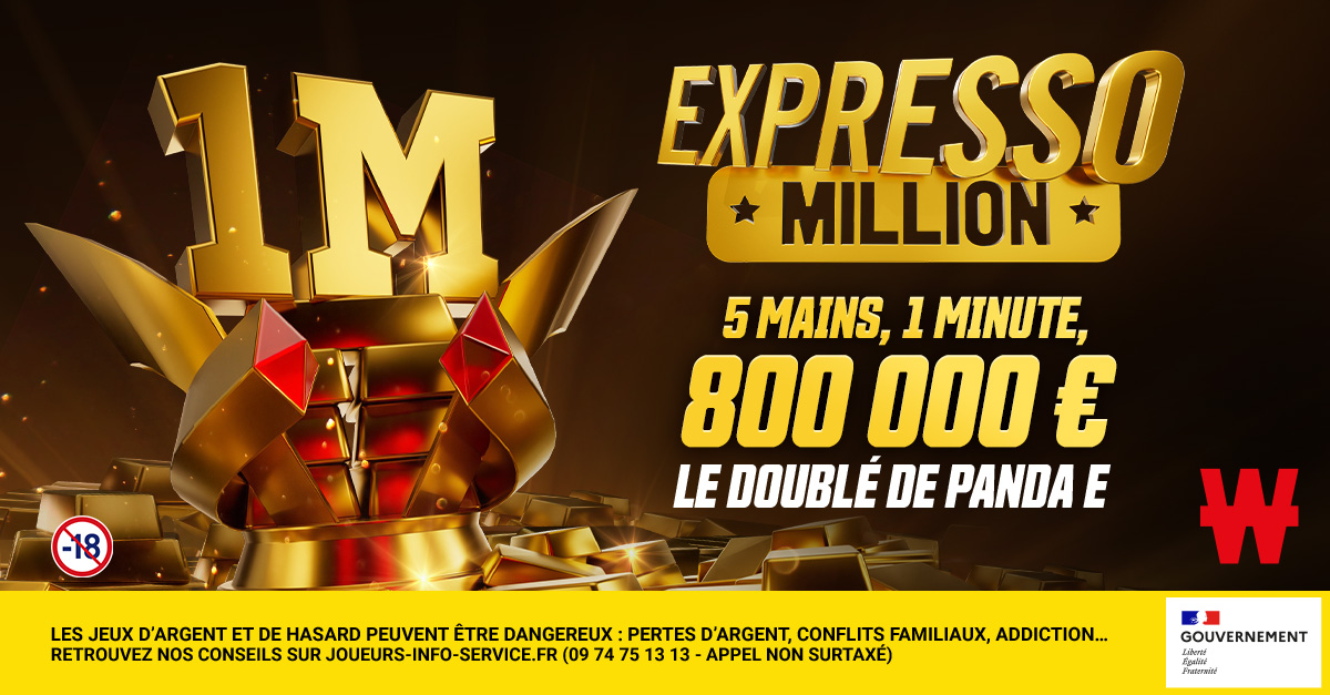 🤑 Les chiffres sont DINGUES : 5 mains, une minute, 4e table Expresso Million de sa carrière, et 2e victoire. Panda e connaissait le chemin.