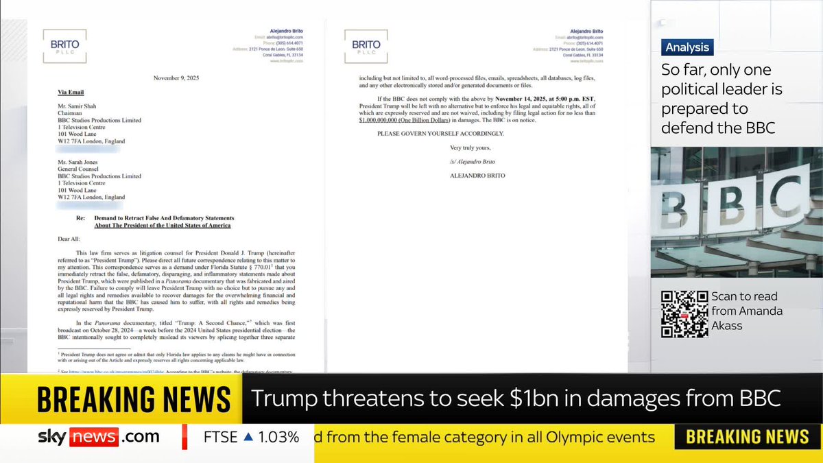 Donald Trump has threatened to sue the BBC for $1bn over an editing error in a speech. Our US partner NBC News has obtained the letter sent from the US president's lawyers to the BBC. Mark Stone reacts.