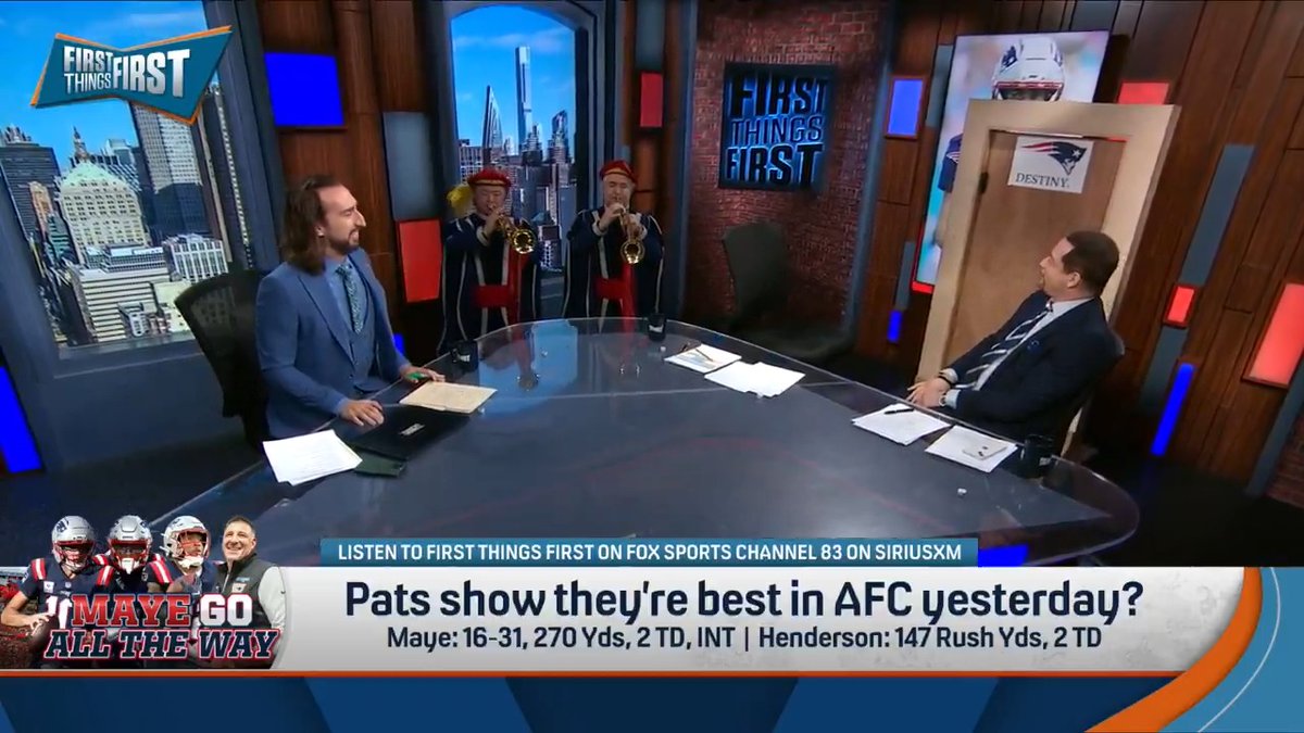 .Wildes’ trumpeteers interrupted nick wright mid-point to celebrate the Patriots’ win 🎺 “We’re baaaaaaack.” 😎