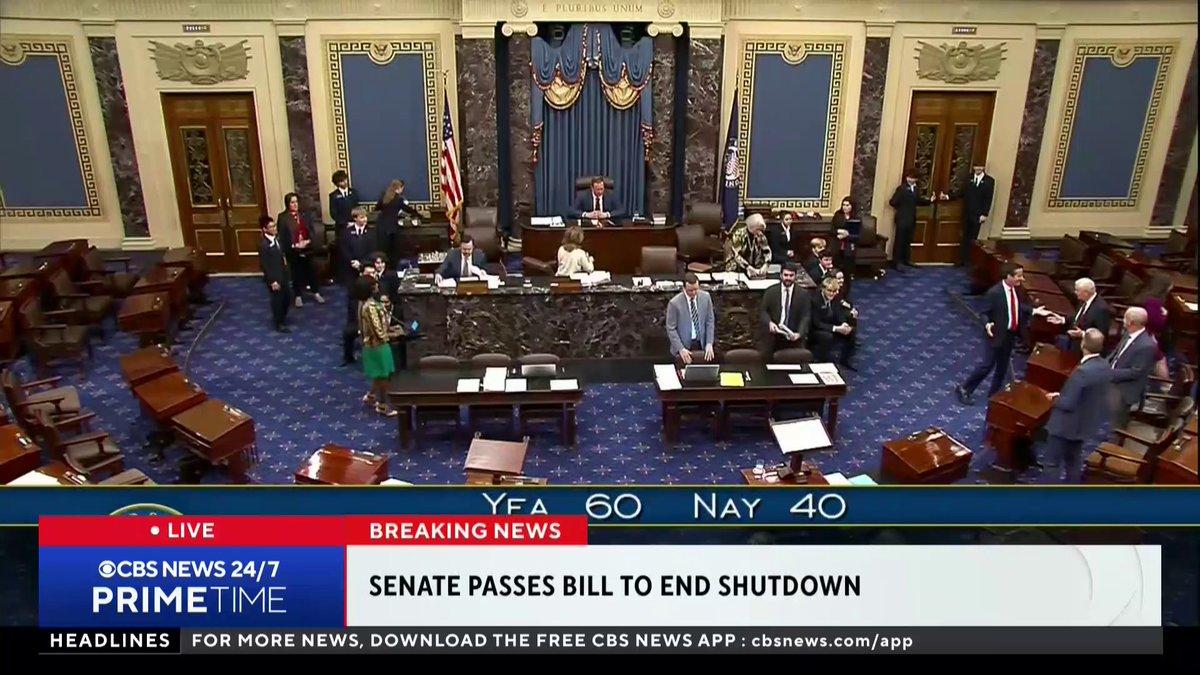 The Senate approved the funding package in a 60-to-40 vote, with eight members of the Democratic caucus joining all but one Republican in favor of the bill that would end the government shutdown.