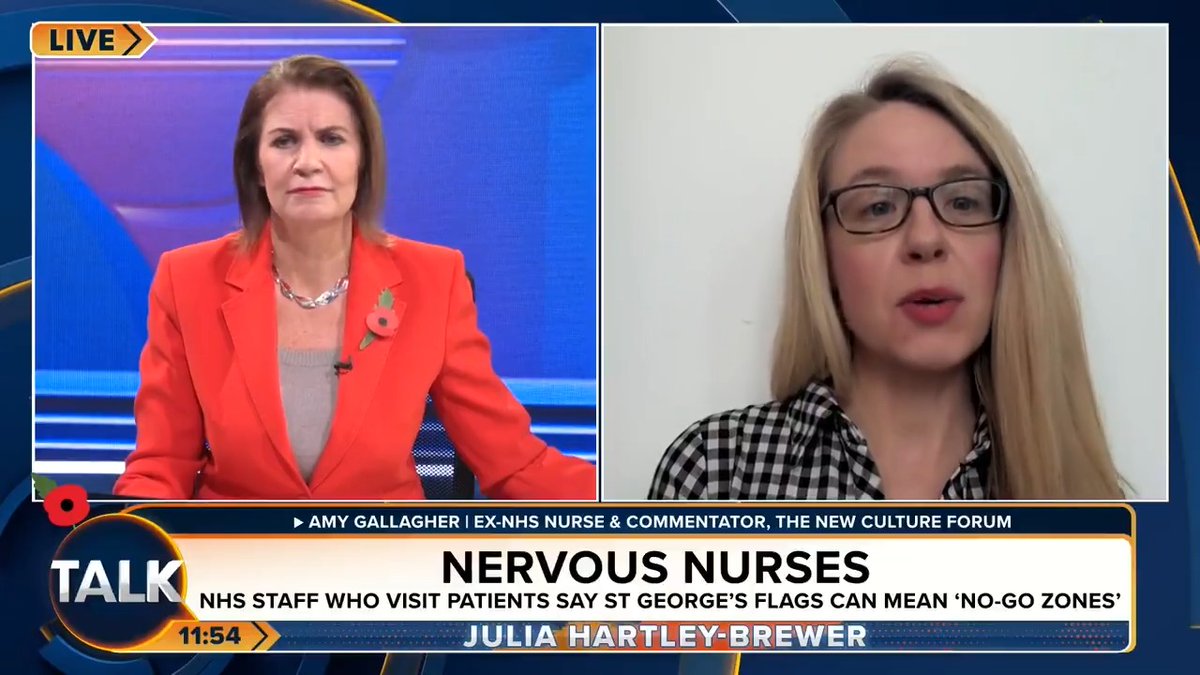 St George's flags are creating "no-go zones" for NHS staff, with some facing frequent abuse, according to health leaders. Ex-NHS Nurse Amy Gallagher: "What is the point of the NHS? Is it for staff to feel good and not be offended, or is it to treat patients?" Julia Hartley-Brewer
