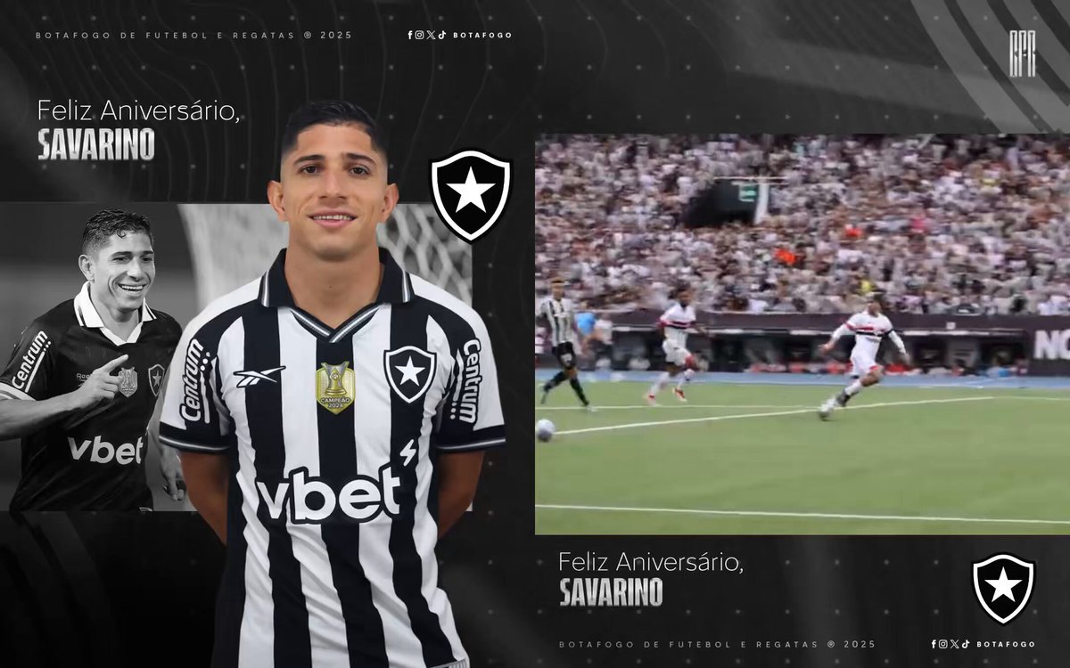 Feliz aniversário, Savarino! 👏🏾🇻🇪 Campeão da Libertadores e do Brasileirão em 2024 com participação decisiva, meu camisa 🔟 completa 29 anos nesta terça-feira. A Família Botafogo te deseja saúde, gols e ainda mais vitórias pelo Fogão, Jefferson! 🥳⚽️ #BFR