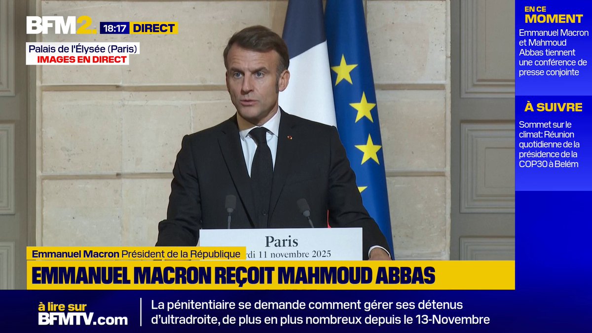 💬"Nous avons pris la décision de mettre en place un comité conjoint pour la consolidation de l'État de Palestine", affirme Emmanuel Macron après son entretien avec Mahmoud Abbas #BFM2