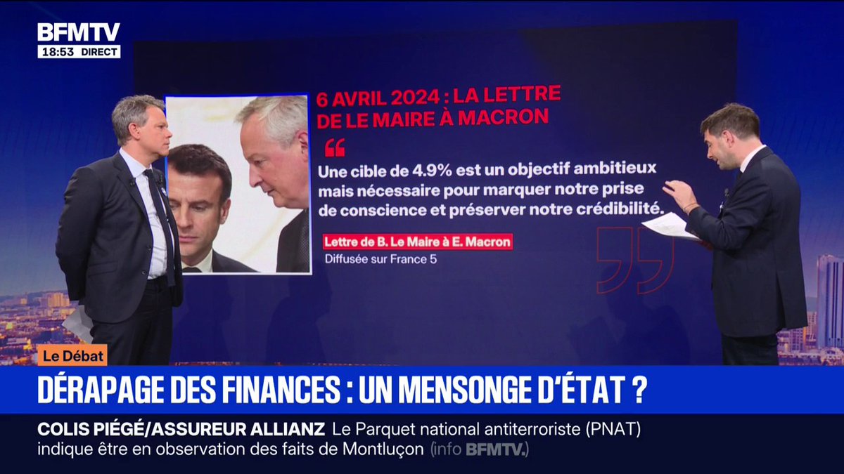 16 février 2024: les services de Bercy estiment que le déficit français sera de 5,7% sur l’année. 18 février 2024: Malgré l’alerte, Bruno Le Maire évoque toujours un objectif de déficit à 4,4% au 20h de TF1. Le déficit de 2024 sera finalement de… 5,8%.