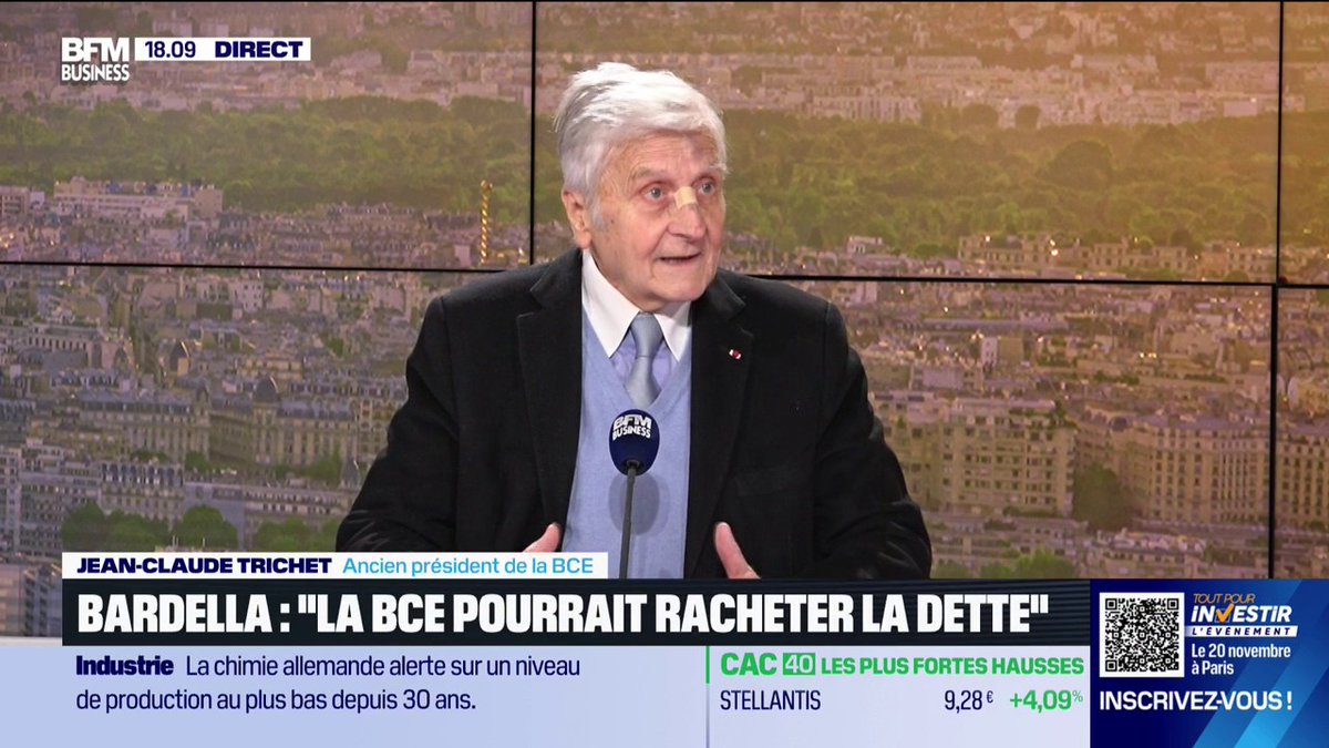 Trichet : “Bardella croit au Père Noël” “La BCE n’est pas le Père Noël. Jordan Bardella fait une énorme erreur… L’hypothèse dans laquelle il se situe, c’est celle d’une France à terre” 💬 Jean-Claude Trichet, ancien président de la BCE 🎙️ Hedwige Chevrillon