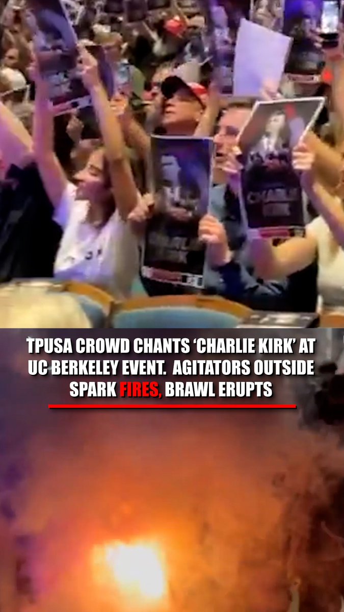 DIVIDED DISPLAY: Contrasting scenes from UC Berkeley show a split response to TPUSA’s campus event — fires and arrests outside as agitators clashed with police, while inside, supporters stood and cheered for Charlie Kirk.