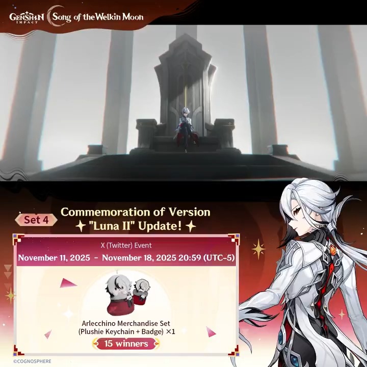 ✨Set 4✨ Commemoration of Version "Luna II" Update 🎁Participate in the event for a chance to win official merchandise. How to Participate: ① Follow Genshin Impact ② Repost this post You can instantly check the event results: #GenshinImpact