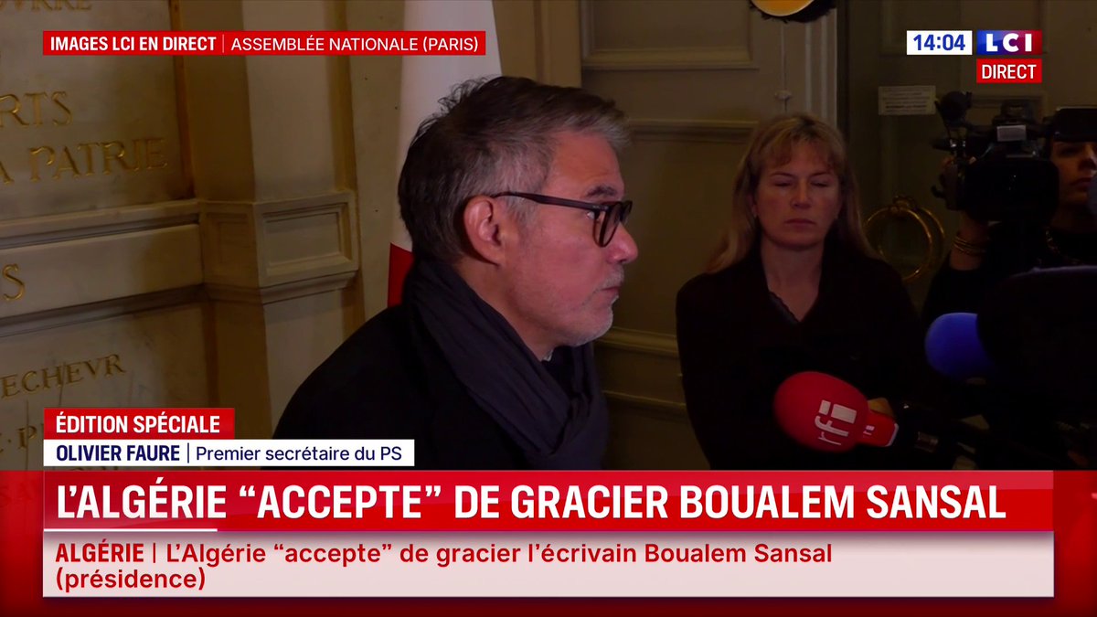🗣️ L'Algérie "accepte"de gracier l'écrivain Boualem Sansal : "La diplomatie c'est souvent l'art de la discrétion (...) Montrer ses muscles ne sert souvent pas à grand chose, la preuve en est faite une fois encore." 🔴 Olivier Faure (Olivier Faure)