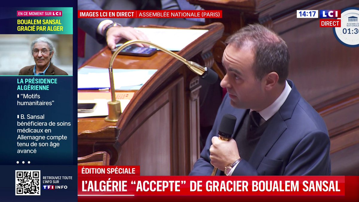 🗣️ L'Algérie "accepte"de gracier l'écrivain Boualem Sansal : "Je tiens à remercier du fond du coeur celles et ceux qui ont contribué à cette libération, fruit d'une méthode faite de respect et de calme." 🔴 Sébastien Lecornu (Sébastien Lecornu)