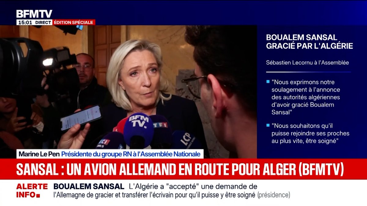 Je tiens à remercier les autorités allemandes qui sont intervenues pour obtenir la grâce de Boualem Sansal, ainsi que l'ensemble des personnalités qui ont participé à son comité de soutien. J'espère désormais qu'il va pouvoir rejoindre sa famille, se soigner et profiter de sa liberté.