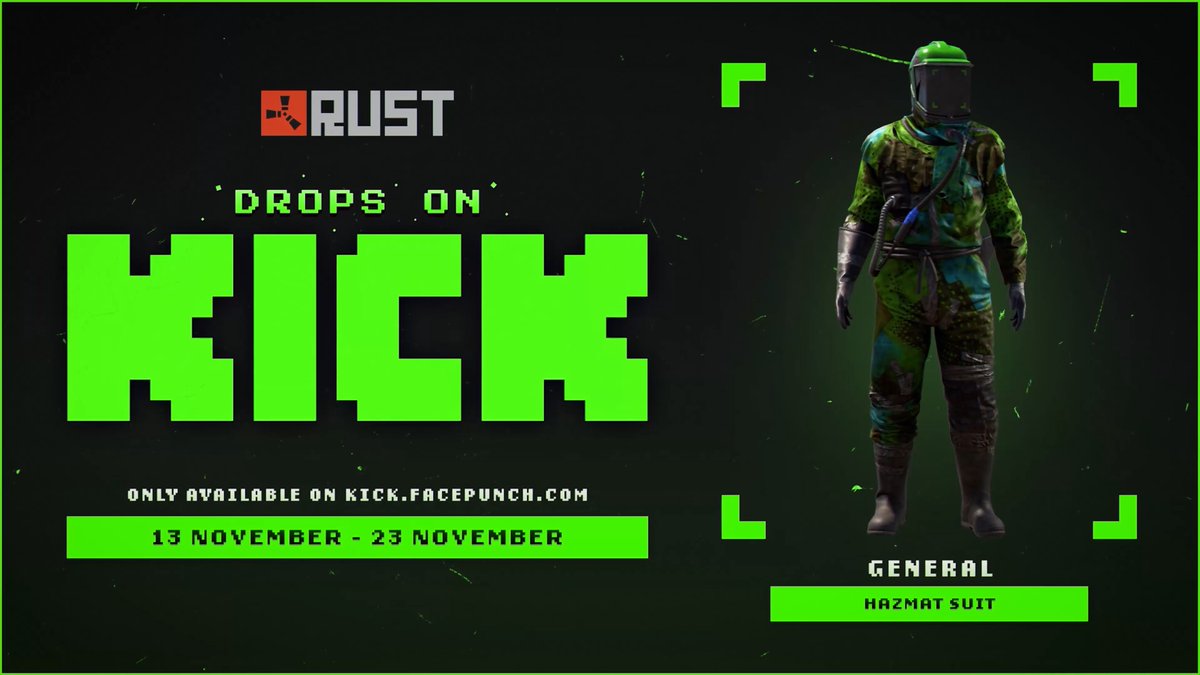 In case you missed the news from Dreamhack Atlanta, KICK Drops are coming to Rust! 🟩💧☢️ From November 13th - 23rd, players can earn the exclusive KICK Hazmat and more skins from their favourite creators, just by watching an explosive PvP event! Tune in for a chaotic base raid session to get your hands on these unique cosmetics! Sync your accounts here: