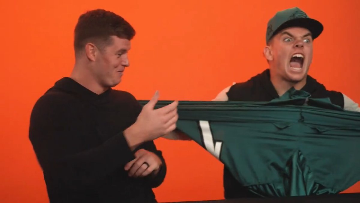 Ya know, on second thought... Watch as the guys test out Temu football equipment. 😂 Firstrust Bank | #FlyEaglesFly