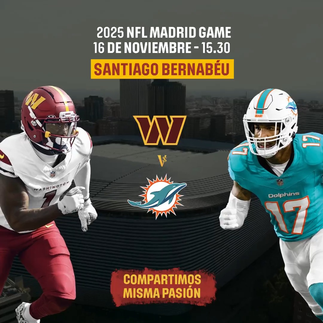 🏈 Este domingo, el Bernabéu cambia de balón. Los Dolphins y los Commanders se enfrentan por primera vez en España. 📍 Santiago Bernabéu 🕞 15:30h 📺 DAZN + YouTube (LALIGA &amp; NFL) ¡Vívelo en directo! #LALIGAxNFL