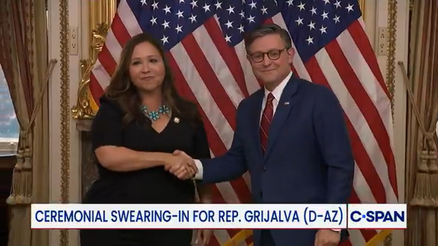 Speaker Johnson: "We're delighted to have her here. She may not agree with me, but we followed the custom of the House on the time table and we've had a little, as we say in the deep South, some intense fellowship about that." Rep. Adelita Grijalva (D-AZ): "Yes."