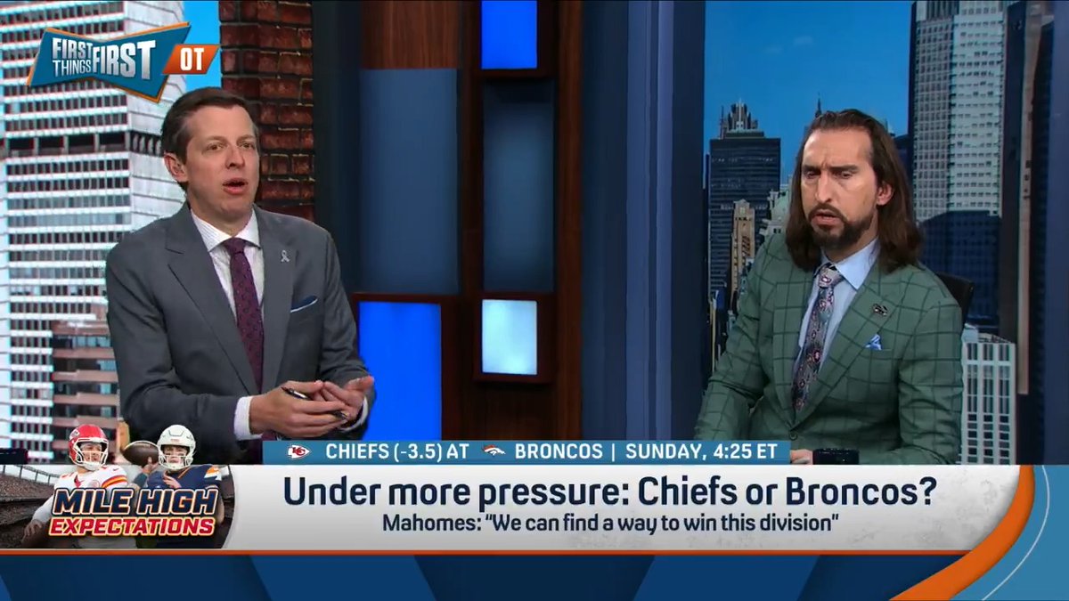 .nick wright: “There’s huge pressure on Denver to do what you’re supposed to do if you’re a really good team.” Danny Parkins: “Nick, that’s a lot of copium. If the Chiefs lose…” Nick: “They’re not gonna win the division.” Danny: “Then there’s more pressure on the Chiefs!”