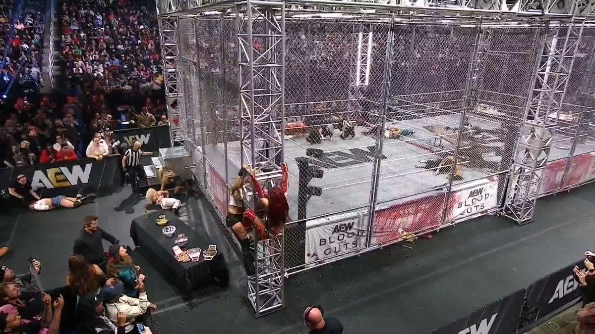 AEW Women's World Champion @CallMeKrisStat and Último Moné FLY OFF THE CAGE AND THROUGH THE TABLE! Watch #AEWDynamite Blood &amp; Guts LIVE on TBS &amp; HBO Max