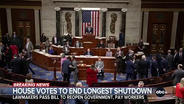 By a margin of 222-209, the House has passed a funding bill that will end the government shutdown, the longest in U.S. history. The legislation will fund the government through Jan. 30. @RachelVScott has the latest.