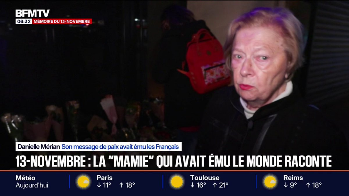💬"Je suis contente qu'il fasse nuit, comme ça, on ne voit pas que je pleure" ➡️ Dix ans après les attentats du 13-novembre 2015, BFMTV a retrouvé Danielle Mérian, surnommée "mamie Danielle"
