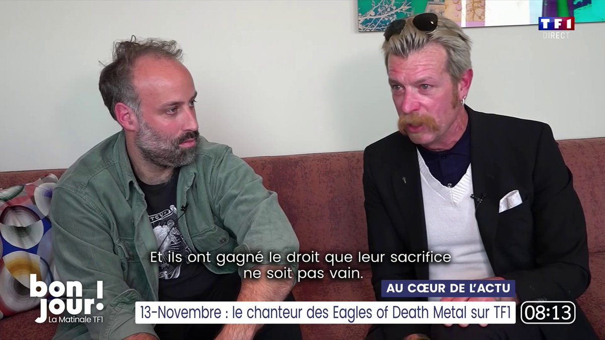 📌 Au cœur de l'actualité 💬 "90 personnes ont donné leur vie pour voir mon spectacle (...) J'y pense tous les jours." 🔴 Attentats du 13-Novembre : le chanteur du groupe Eagles of Death Metal témoigne dans #BonjourLaMatinaleTF1
