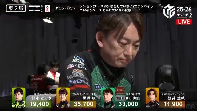 #Mリーグ 2025-26試合ダイジェスト📹 東2局2本場、#HIRO柴田 選手の跳満のアガリ！ 堂岐選手が先制リーチに出る中 柴田選手が平和ドラ1赤2の🀞🀡待ちで追いかけ立直！ 堂岐選手から一発で🀡を捉える！ 柴田選手が12000のアガリで大きく加点して親番を迎える！ 👇動画タップで今すぐ無料視聴
