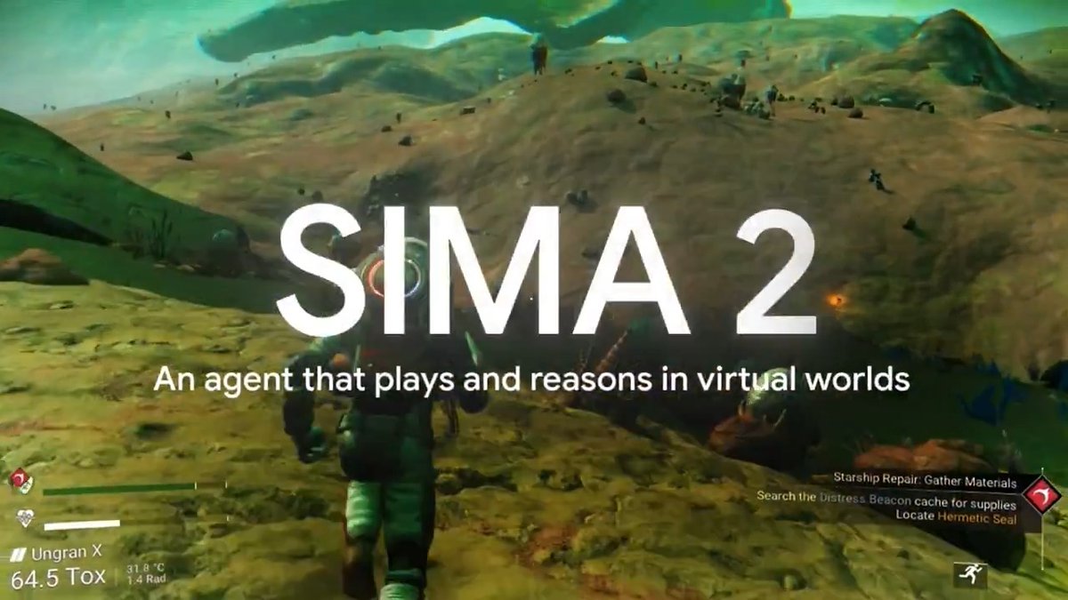 SIMA 2 is our most capable AI agent for virtual 3D worlds. 👾🌐 Powered by Gemini, it goes beyond following basic instructions to think, understand, and take actions in interactive environments – meaning you can talk to it through text, voice, or even images. Here’s how 🧵
