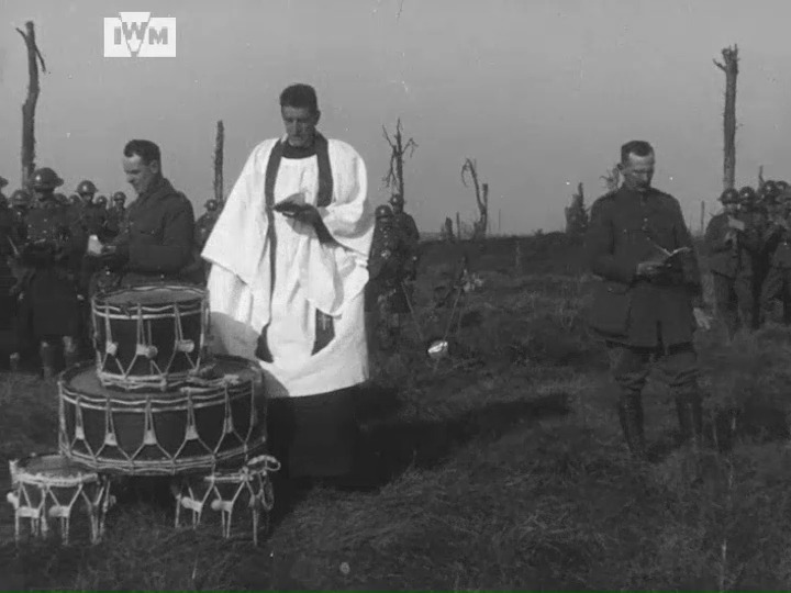 A memorial service held by the South African Brigade for its members killed in taking Delville Wood during the First Battle of the Somme, Western Front, the service taking place in early 1917. Film: IWM 169