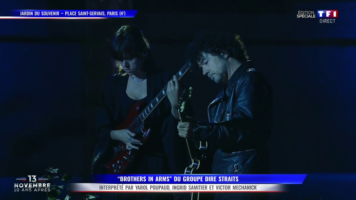 ⚫️ 13-Novembre : 10 ans après 🎶 "Brothers in Arms" du groupe Dire Straits, interprété par Yarol Poupaud, Ingrid Samitier et Victor Mechanick, lors de la cérémonie d’hommage du 13-Novembre
