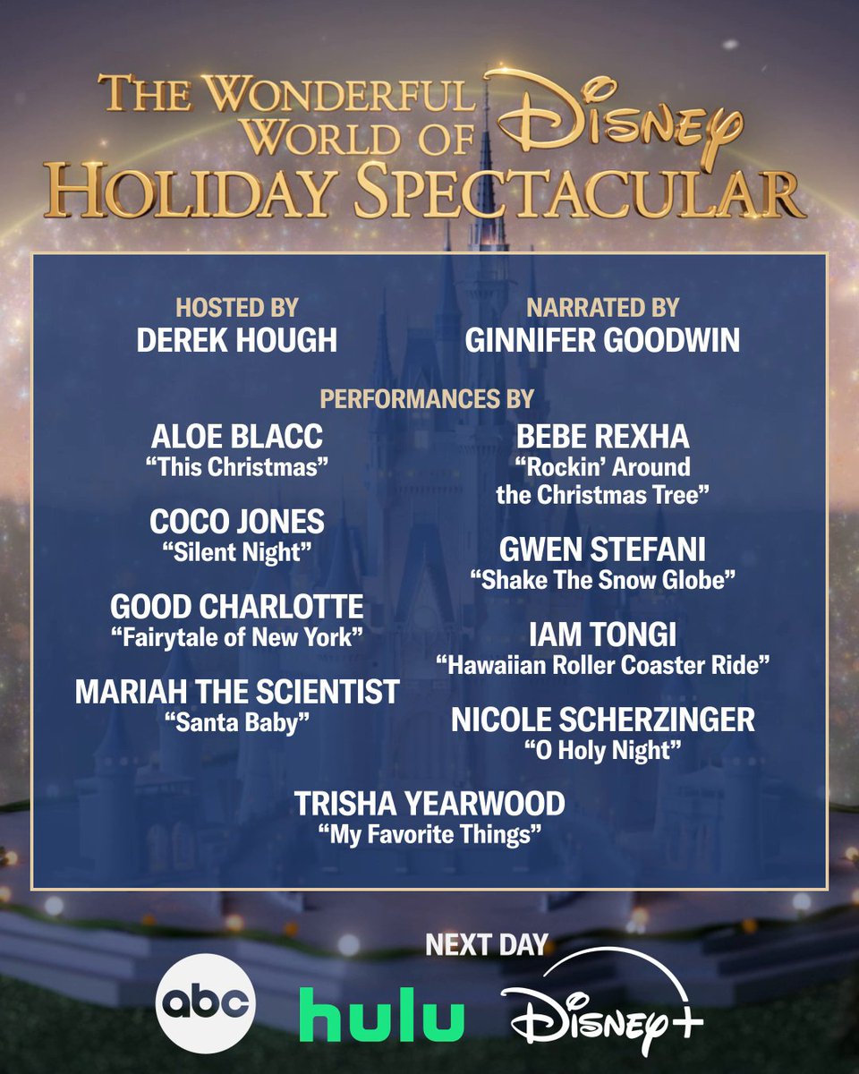 We're getting into the holiday spirit with this amazing list of talent! 🎶 Hosted by Derek Hough and narrated by Ginnifer Goodwin, don't miss The Wonderful World of Disney: Holiday Spectacular, Monday, December 1 on ABC. Next day on Hulu and Disney+.