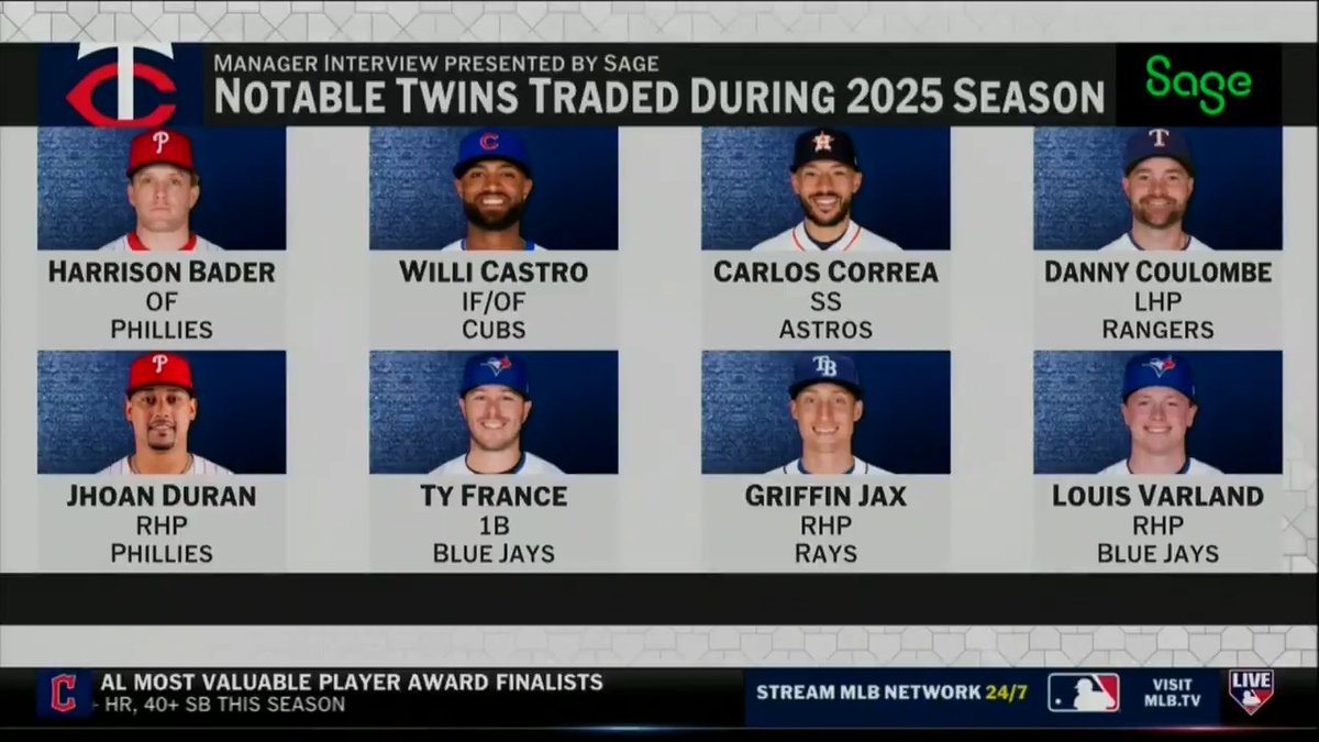 "We have a good nucleus of young players and we're going to try and build on it this offseason." Twins President of Baseball Ops Derek Falvey breaks down their thought process during the Trade Deadline, their new manager Derek Shelton and Joe Ryan. MLB Network + Sage USA